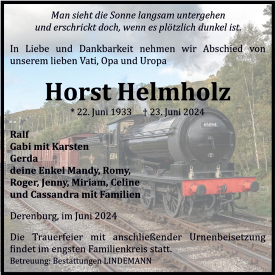 Traueranzeige von Horst Helmholz von Volksstimme Wernigerode