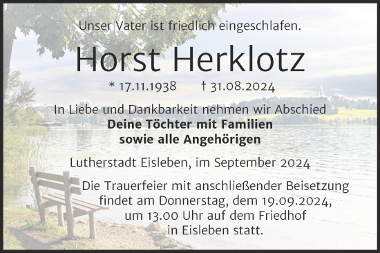 Traueranzeige von Horst Herklotz von Trauerkombi Mansfelder Land