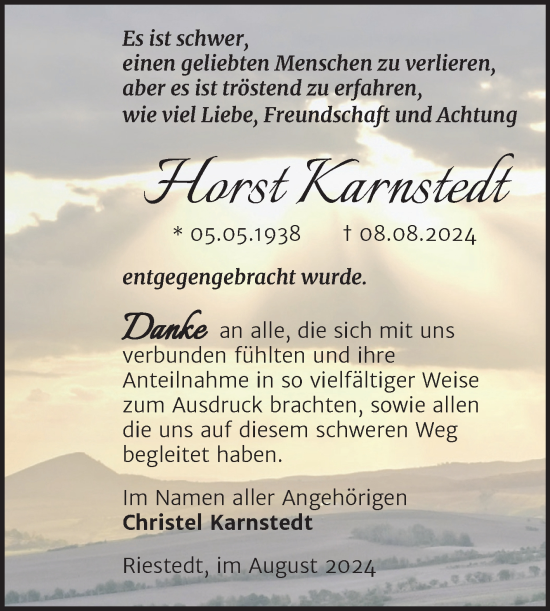 Traueranzeige von Horst Karnstedt von Trauerkombi Sangerhausen