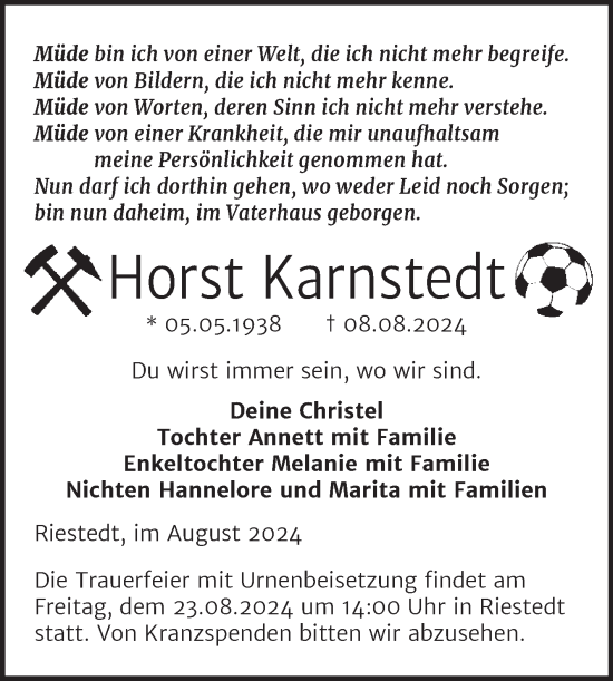 Traueranzeige von Horst Karnstedt von Trauerkombi Sangerhausen