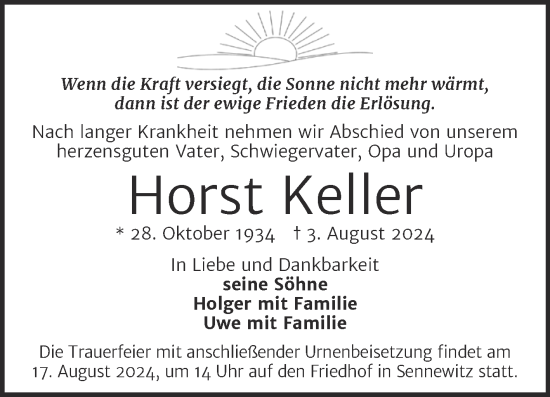 Traueranzeige von Horst Keller von Mitteldeutsche Zeitung Halle/Saalkreis