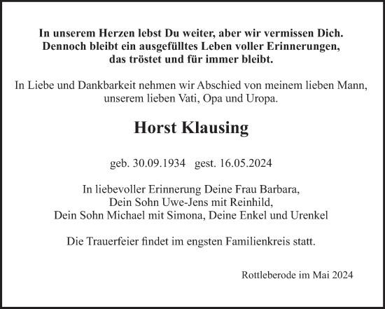 Traueranzeige von Horst Klausing von Trauerkombi Sangerhausen