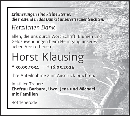 Traueranzeige von Horst Klausing von Trauerkombi Sangerhausen