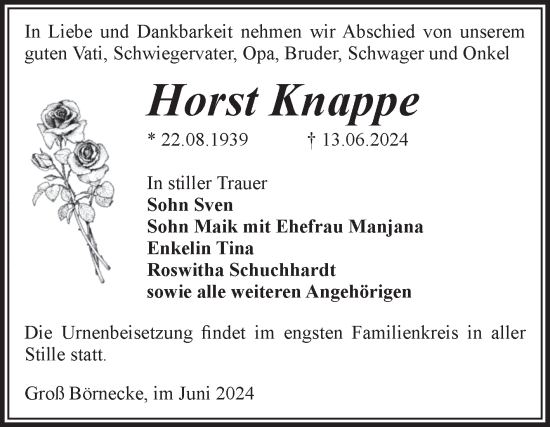 Traueranzeige von Horst Knappe von Volksstimme Staßfurt