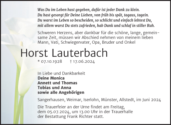 Traueranzeige von Horst Lauterbach von Trauerkombi Sangerhausen