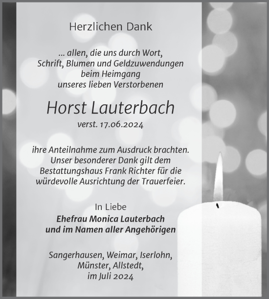 Traueranzeige von Horst Lauterbach von Trauerkombi Sangerhausen