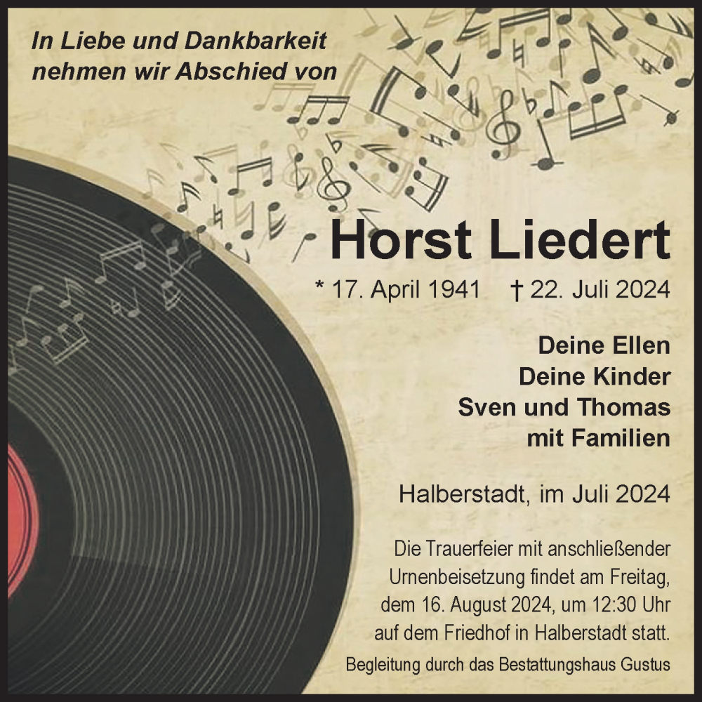  Traueranzeige für Horst Liedert vom 03.08.2024 aus Volksstimme Halberstadt