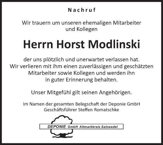 Traueranzeige von Horst Modlinski von Volksstimme Altmark West