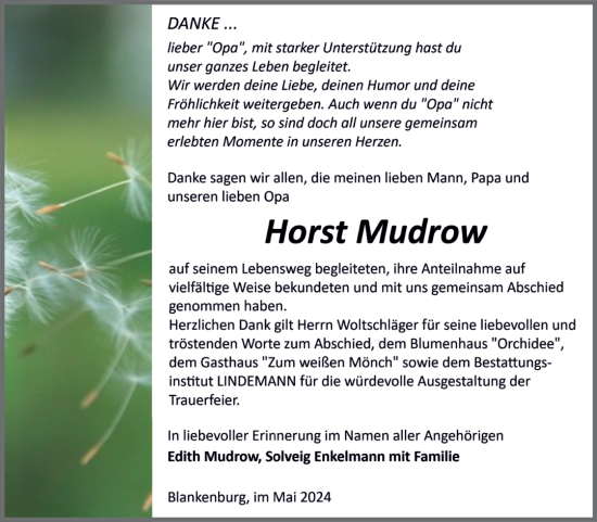 Traueranzeige von Horst Mudrow von Volksstimme Wernigerode