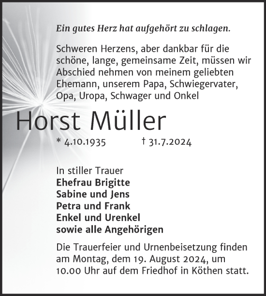 Traueranzeige von Horst Müller von Trauerkombi Köthen