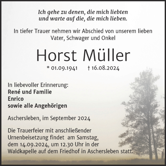 Traueranzeige von Horst Müller von Trauerkombi Aschersleben