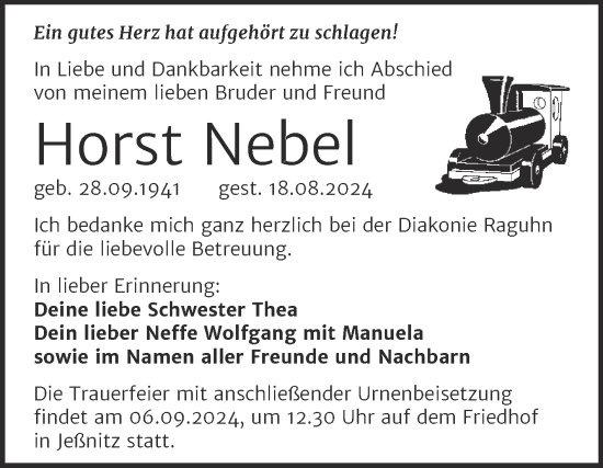 Traueranzeige von Horst Nebel von Trauerkombi Bitterfeld