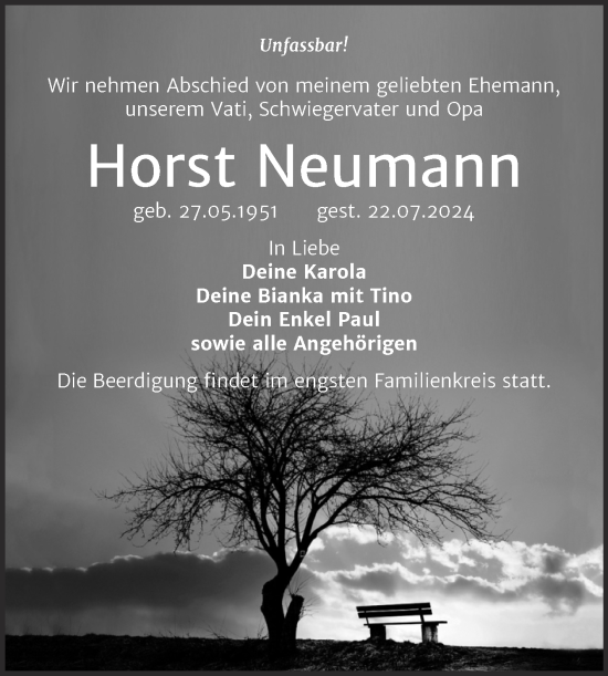 Traueranzeige von Horst Neumann von Trauerkombi Bitterfeld