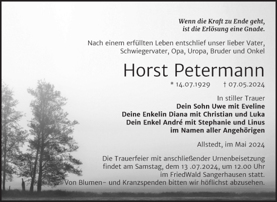 Traueranzeige von Horst Petermann von Trauerkombi Sangerhausen
