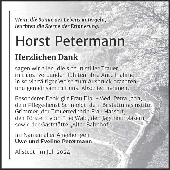 Traueranzeige von Horst Petermann von Trauerkombi Sangerhausen