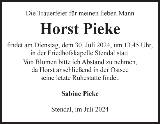 Traueranzeige von Horst Pieke von Volksstimme Altmark Ost