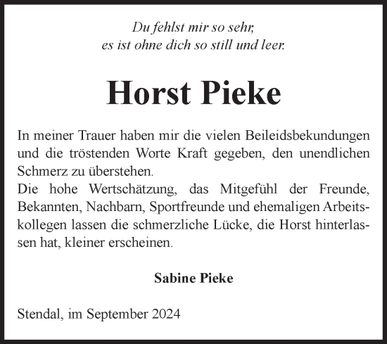 Traueranzeige von Horst Pieke von Volksstimme Altmark Ost