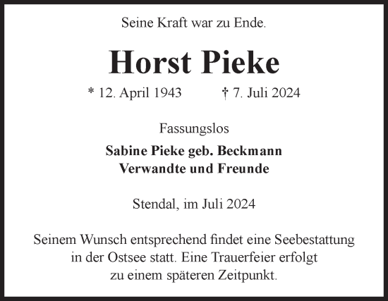 Traueranzeige von Horst Pieke von Volksstimme Altmark Ost