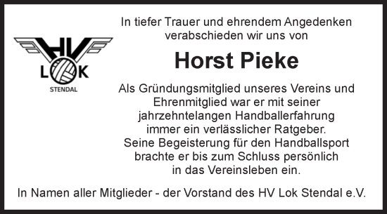 Traueranzeige von Horst Pieke von Volksstimme Altmark Ost