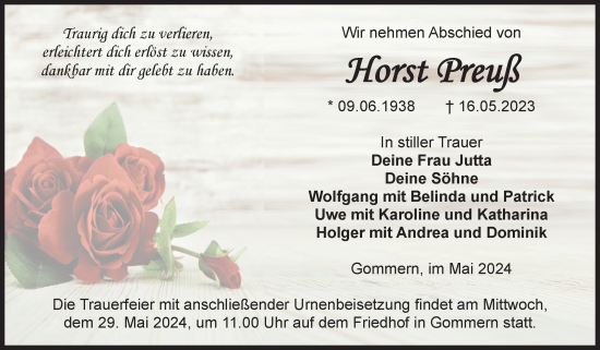 Traueranzeige von Horst Preuß von Volksstimme Burg/Genthin