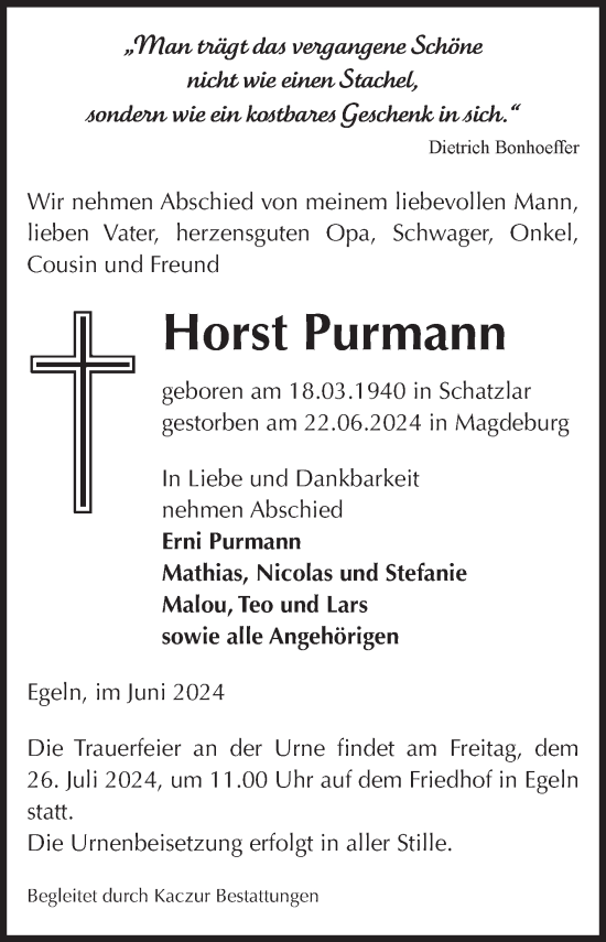 Traueranzeige von Horst Purmann von Volksstimme Staßfurt