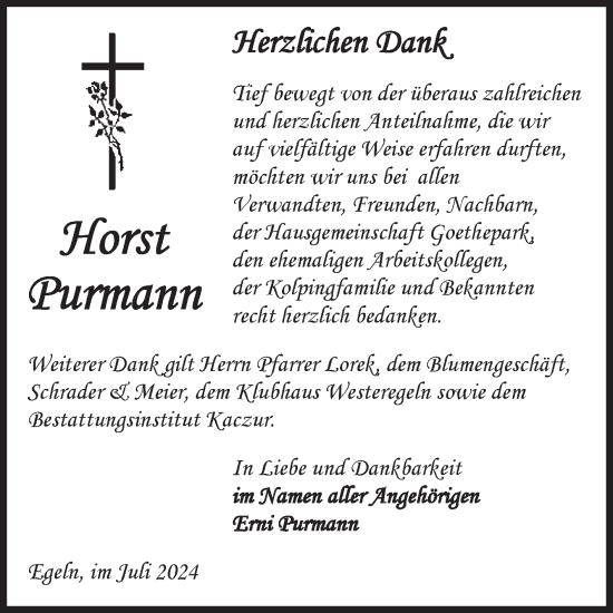 Traueranzeige von Horst Purmann von Volksstimme Staßfurt