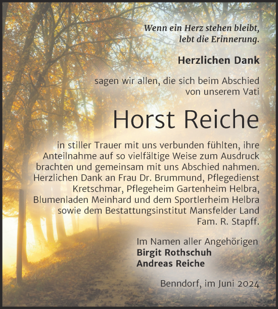 Traueranzeige von Horst Reiche von Trauerkombi Mansfelder Land