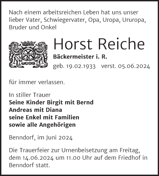Traueranzeige von Horst Reiche von Mitteldeutsche Zeitung Mansfelder Land
