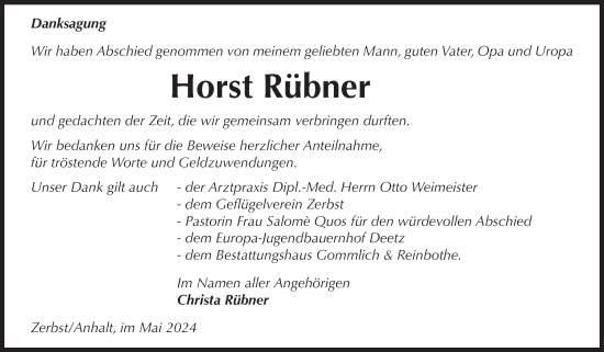 Traueranzeige von Horst Rübner von Volksstimme Zerbst