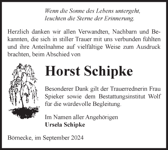 Traueranzeige von Horst Schipke von Volksstimme Wernigerode
