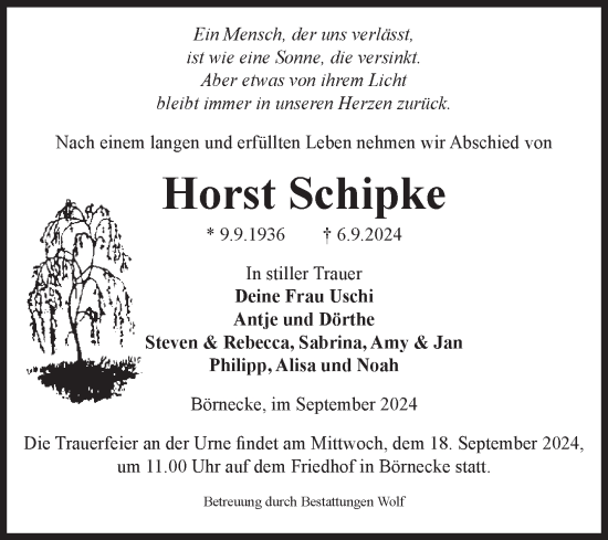 Traueranzeige von Horst Schipke von Volksstimme Wernigerode