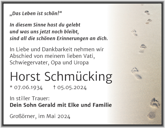 Traueranzeige von Horst Schmücking von Trauerkombi Mansfelder Land
