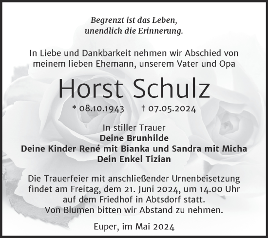 Traueranzeige von Horst Schulz von Trauerkombi Wittenberg