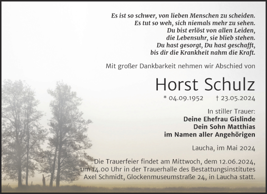 Traueranzeige von Horst Schulz von Naumburger Tageblatt