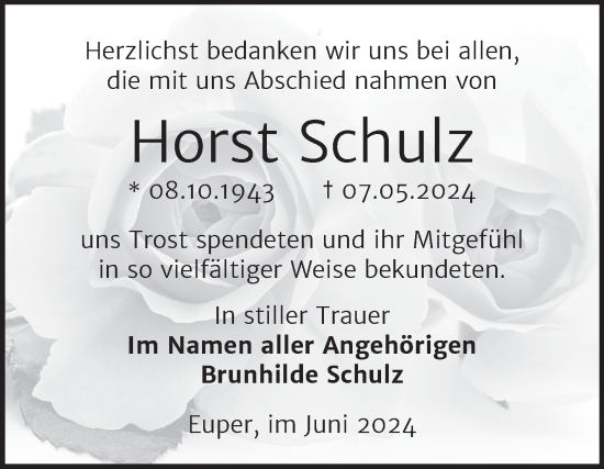 Traueranzeige von Horst Schulz von Trauerkombi Wittenberg