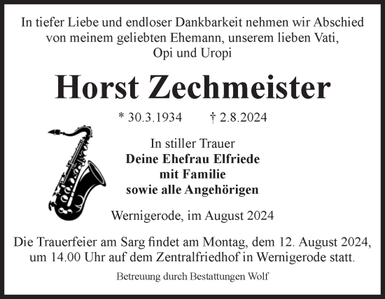 Traueranzeige von Horst Zechmeister von Volksstimme Wernigerode