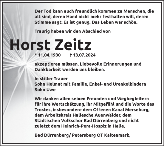 Traueranzeige von Horst Zeitz von Trauerkombi Merseburg
