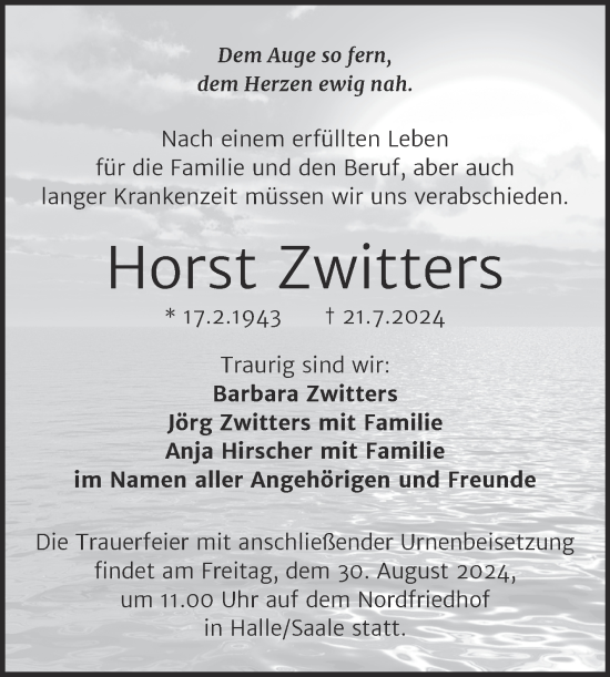 Traueranzeige von Horst Zwitters von Mitteldeutsche Zeitung Halle/Saalkreis