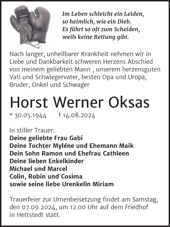 Traueranzeige von Horst Werner Oksas von Trauerkombi Mansfelder Land