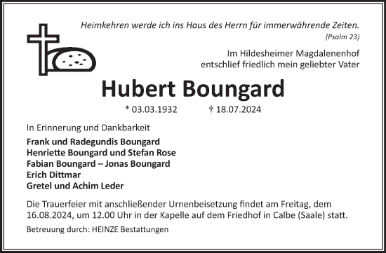 Traueranzeige von Hubert Boungard von Volksstimme Schönebeck
