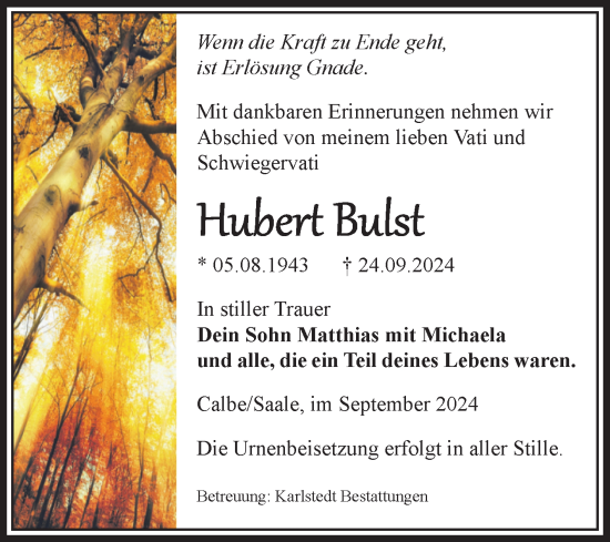 Traueranzeige von Hubert Bulst von Volksstimme Schönebeck