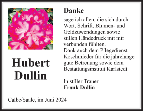 Traueranzeige von Hubert Dullin von Volksstimme Schönebeck