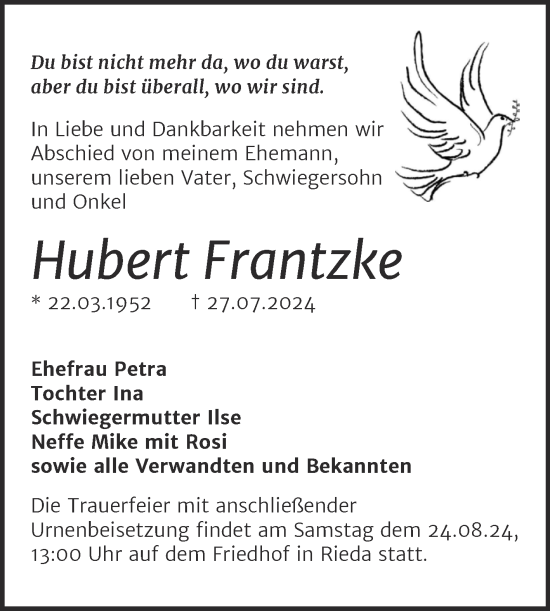Traueranzeige von Hubert Frantzke von Trauerkombi Bitterfeld