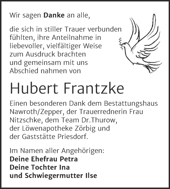 Traueranzeige von Hubert Frantzke von Trauerkombi Bitterfeld