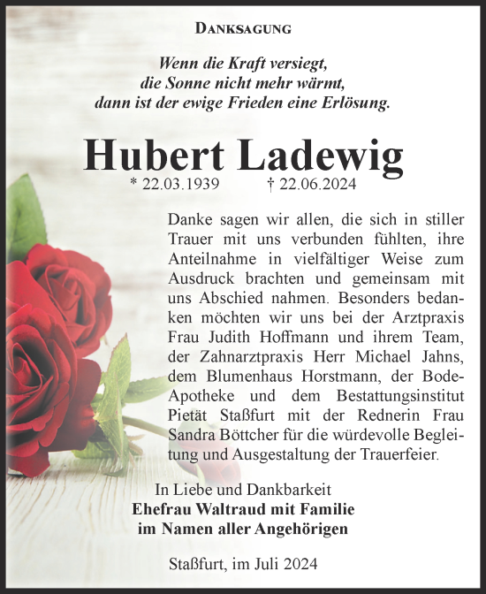 Traueranzeige von Hubert Ladewig von Volksstimme Staßfurt
