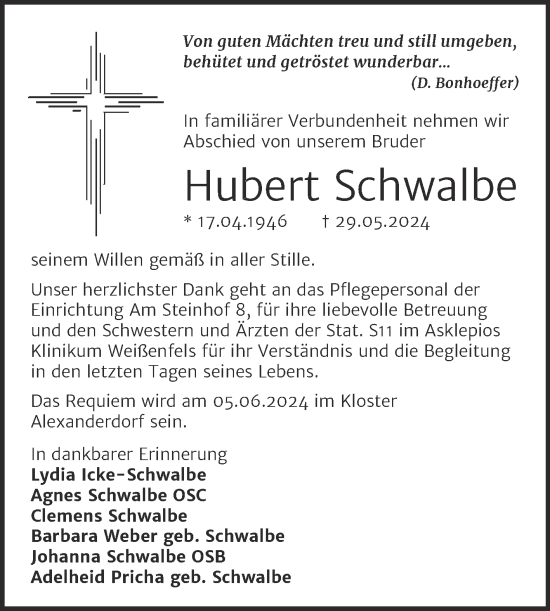 Traueranzeige von Hubert Schwalbe von Trauerkombi Weißenfels
