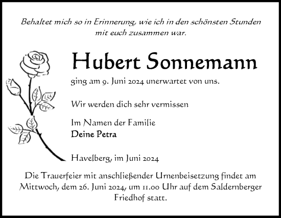 Traueranzeige von Hubert Sonnemann von Volksstimme Altmark Ost