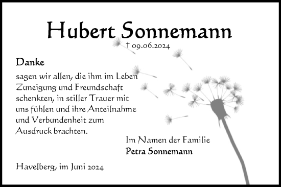 Traueranzeige von Hubert Sonnemann von Volksstimme Altmark Ost