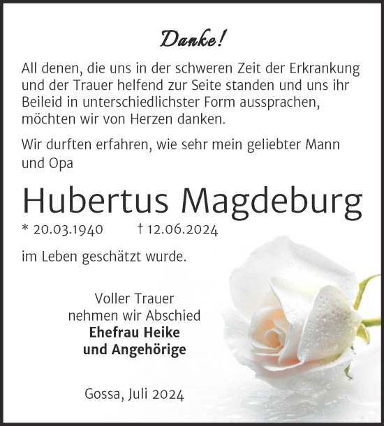 Traueranzeige von Hubertus Magdeburg von Trauerkombi Bitterfeld