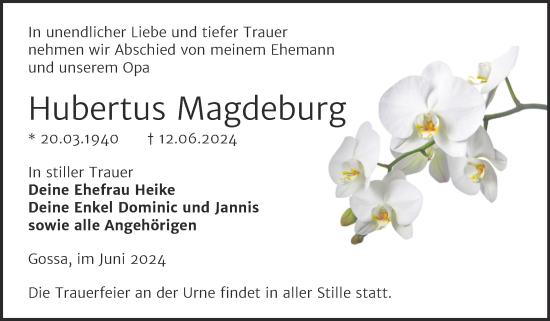 Traueranzeige von Hubertus Magdeburg von Trauerkombi Bitterfeld